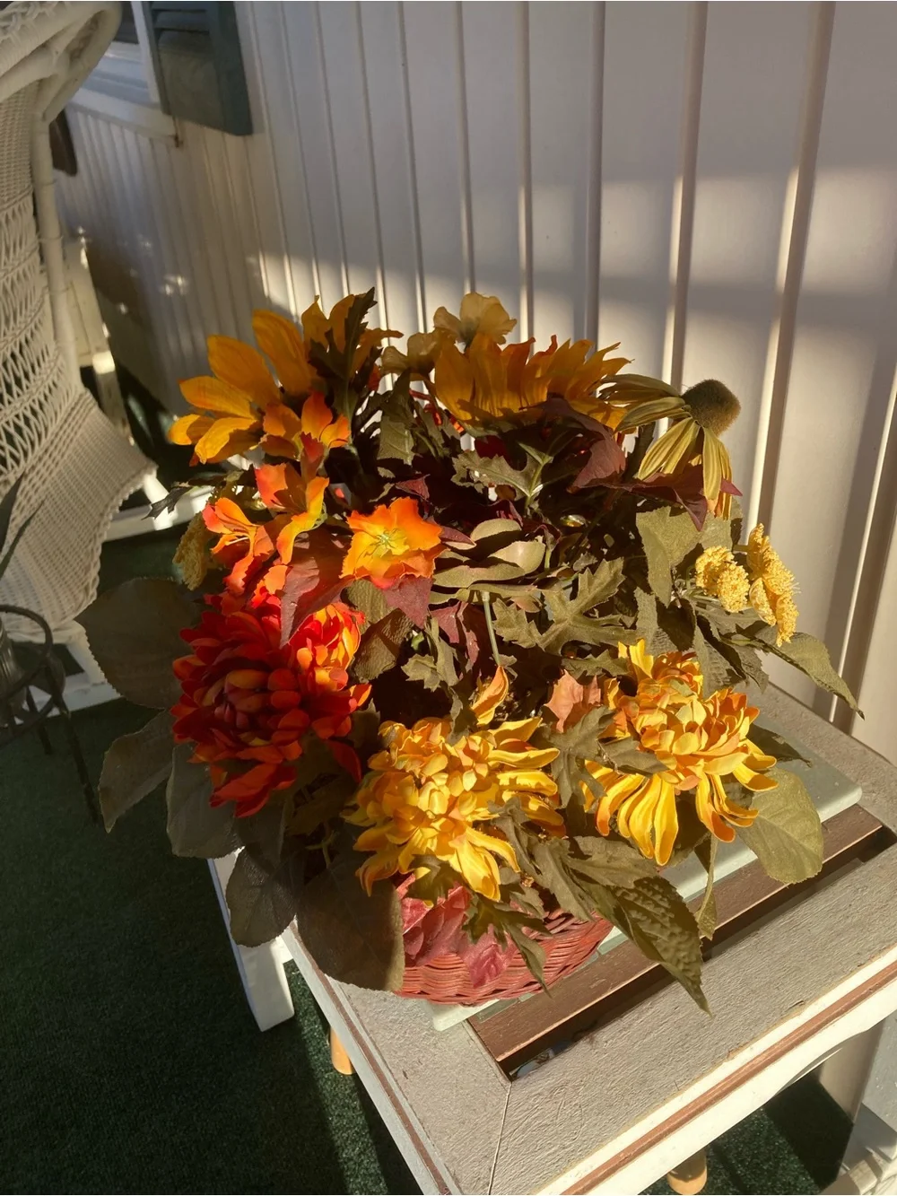Gorgeous Fall Faux Flower Arrangement in Fall Wicker Basket